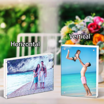 Acrylic Double Sided Magnetic Blocks Picture Frames | Clear Acrylic Photo Frame | Free Standing Frameless Desktop Display -6X8 inches.